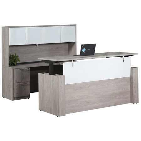WE'RE IT Desk it, Ultra Premium Series 71"x108" U-Shape Desk with Sit Stand Bow, Storage & Glass, Grey Oak UP400UFG48FF148